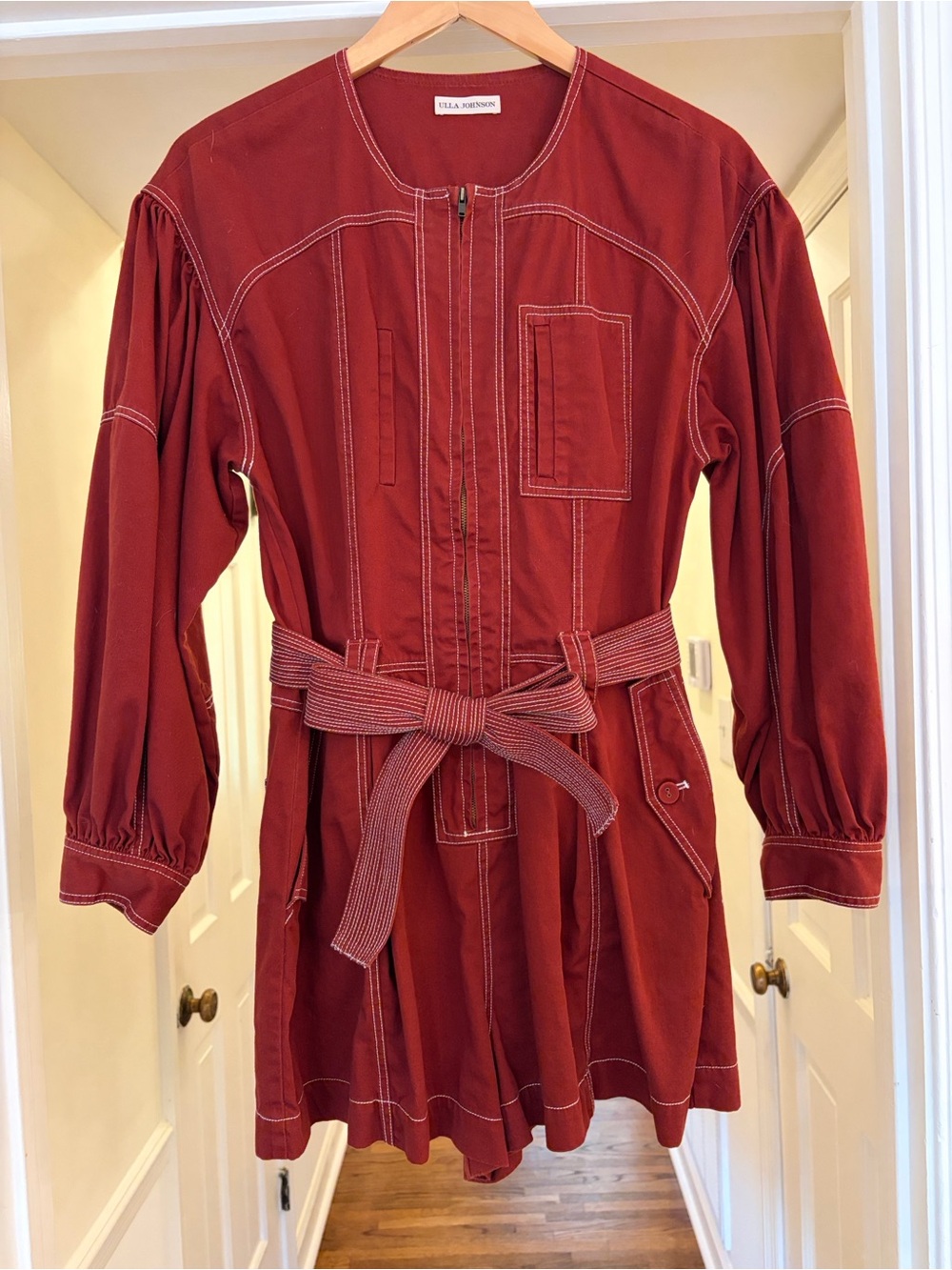 Ulla Johnson Red Brick Delta Jumpsuit Cotton Romper with Tie Waist Size 10